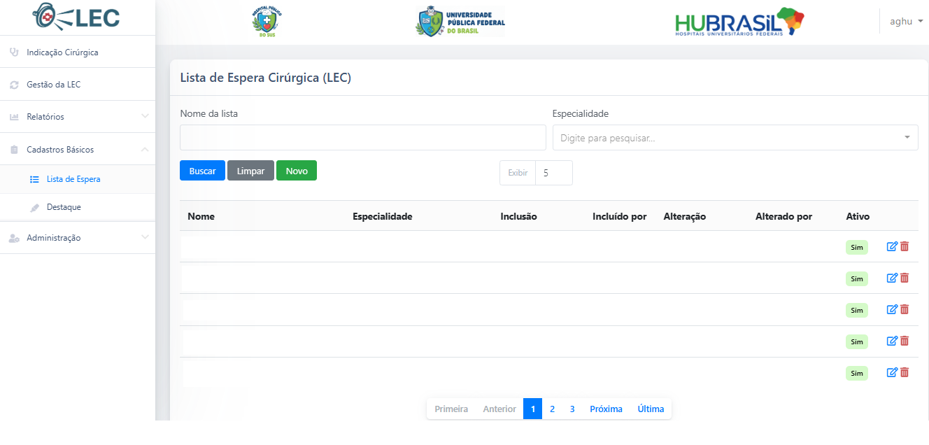 Tela de pesquisa das listas de espera da LEC