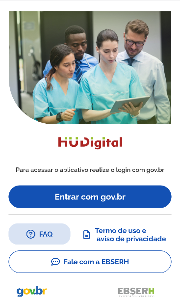 Tela histórica inicial do aplicativo HU Digital com botão Entrar com gov.br.