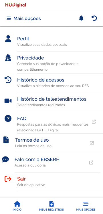 Tela Mais opções do aplicativo com Perfil, Privacidade, históricos, FAQ, termos e saída.