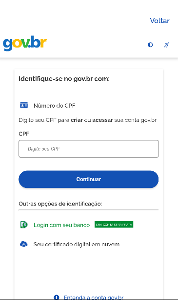 Tela do gov.br solicitando identificação por CPF, com o campo vazio.