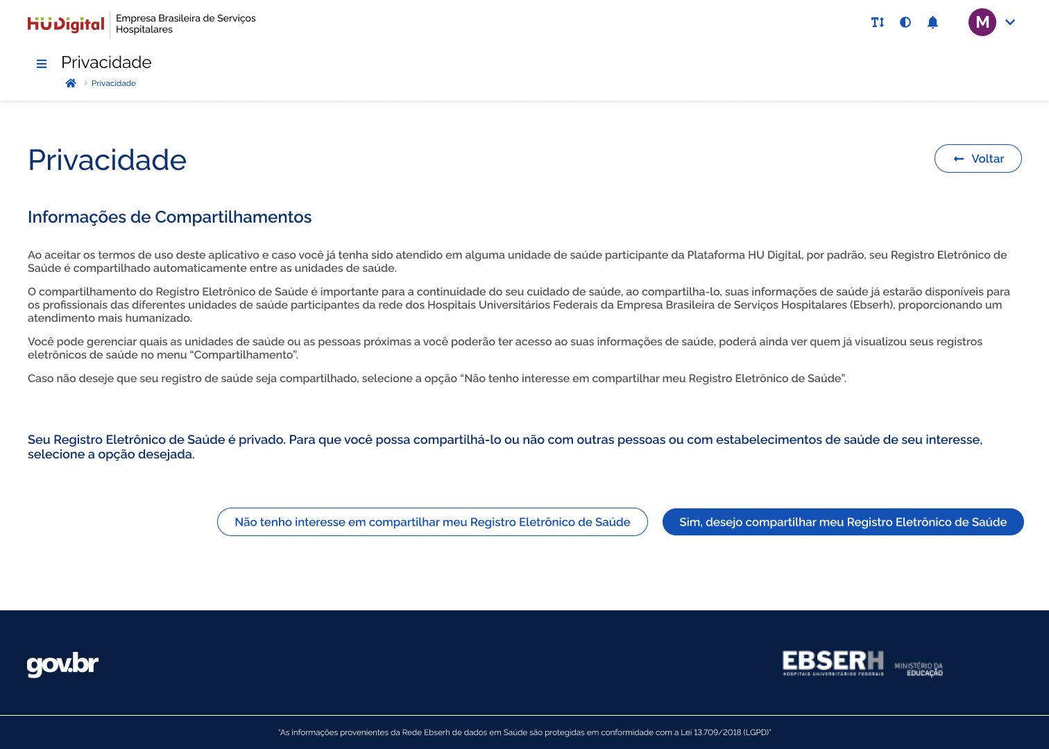 Tela histórica de privacidade do Portal Web com opções de compartilhar ou não o registro eletrônico de saúde.