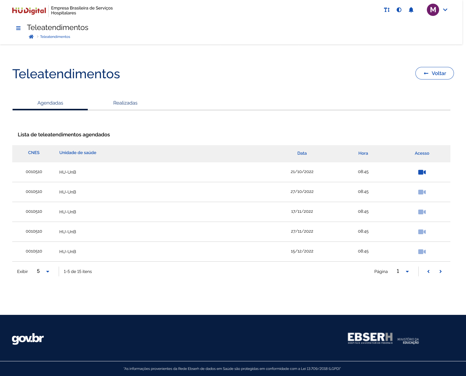 Tela histórica de teleatendimentos com abas Agendadas e Realizadas e uma lista de horários.