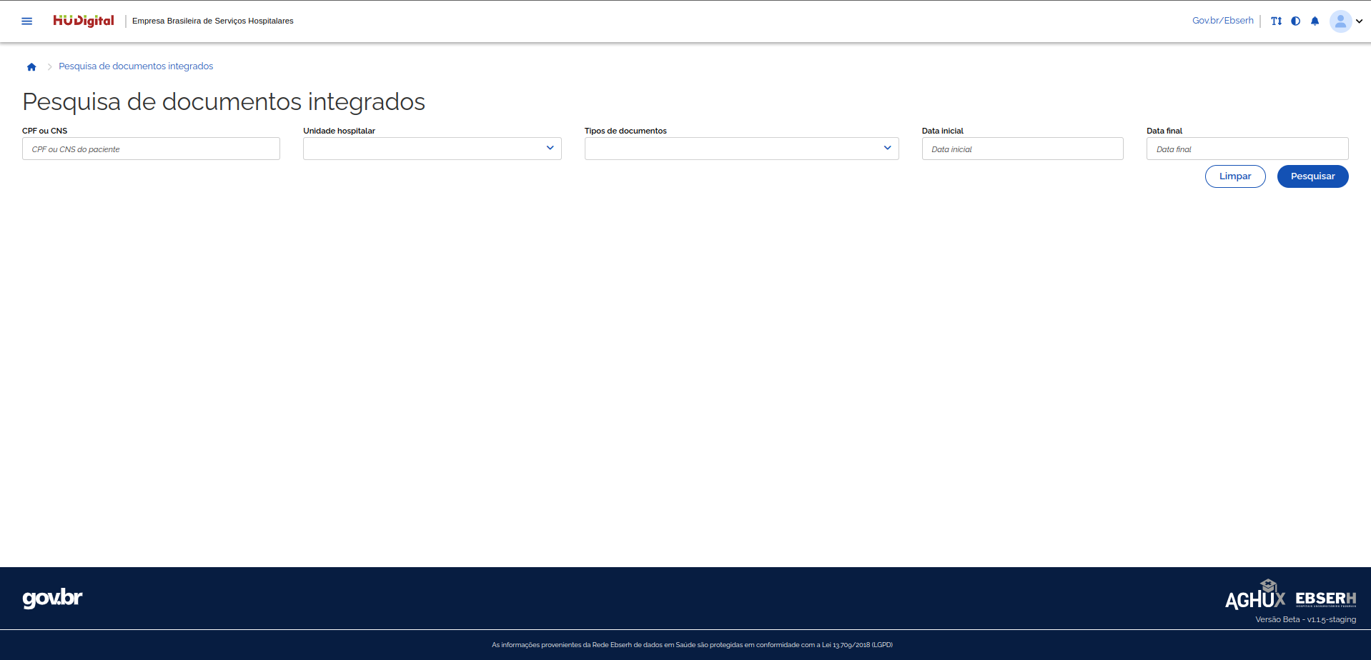 Tela vazia de pesquisa de documentos integrados com filtros por identificador, unidade, tipo e período.